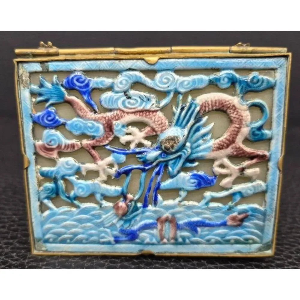 Antique cloisonné Dragon Trinket Box Celadon Jade Amethyst Buddha